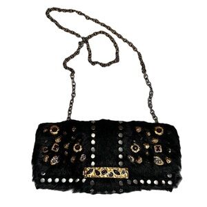 Authentic PRADA Calf Fur Leather Cahier Clutch Crystals